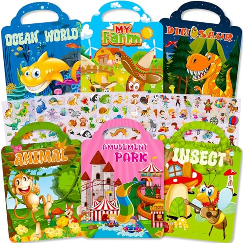 Aannanl Reusable Sticker Books for Kids,6 Pack Stickers Activities Books for Age 2 3 4 5 Year Old Boys Girls Children, 300+3D Puffy Stickers for Toddlers Include Dinosaurs,Animals(Animals)