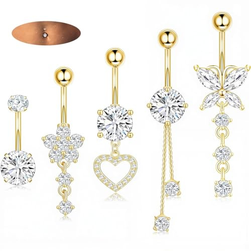 GGUFAY 5pcs Piercing Nombril Acier Chirurgical Piercing Nombril Anneau,avec CZ Clair Petits Cristaux Ronds, Percing au Nombril, pour Femme Filles Bijoux Piercing Nombril