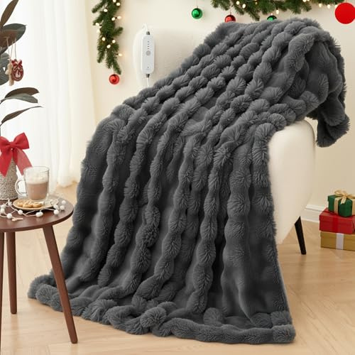 Couverture Chauffante Électrique 150x200cm Puffy Bubble - Polaire Lapin et Flanelle, 4 Niveaux de Chaleur, Arrêt Auto 10H, Lavable en Machine, Lit Canapé Bureau (Gris Foncé)