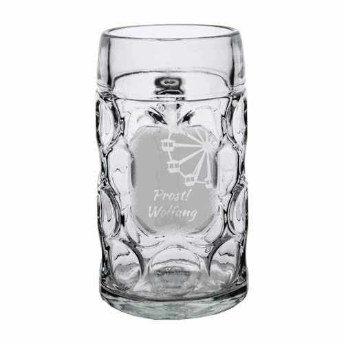 LUXENTU ISAR Maßkrug mit Gravur, Riesenrad-Motiv, 1,0 l, 1 Stück | Personalisierter Bierkrug zum Geburtstag mit Volksfest-Motiv für Bierliebhaber, spülmaschinenfest