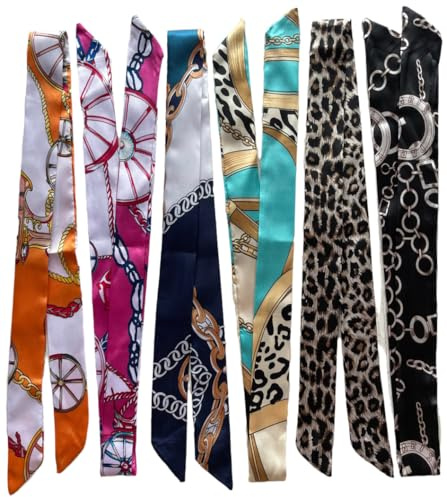 FonVan 6 Pezzi Sciarpa in Raso Seta con Disegni Misti per Donna - Accessorio Multifunzione per Borse (Manico) e Come Cerchietto per Capelli, Sciarpa Stretta a Fascia, 83×4 cm