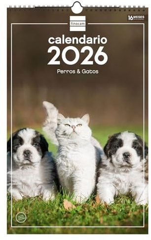 Finocam - Calendrier mural 2026 25x40 cm Vue mensuelle Janvier - Décembre 2026 + Sep.- Déc. 2025 (4 mois) réduits | Calendrier 2026 | Images de chiens et de chats - Espagnol