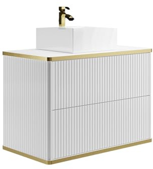 Vente-unique - Meuble de Salle de Bain Suspendu strié liseré doré avec Vasque à Poser carrée - Blanc - 80 cm - KELIZA