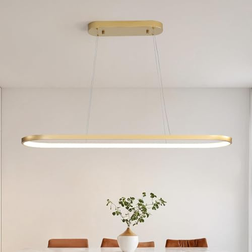 minifair Oval Hängeleuchte LED Dimmbare Hängelampe Ring Pendelleuchte Moderne Esstisch Lampe mit Fernbedienung Höhenverstellbar für Wohnzimmer Esszimmer Küche Arbeitszimmer Schlafzimmer Gold 120cm