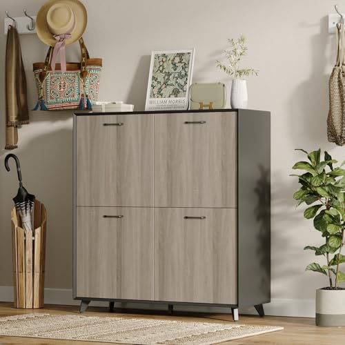 PREMTURE Viertüriger Schuhschrank, Schuhschrank mit 4 Türen, Schuhablage mit 8 Fächer, Schuhablage Verstellbar 110 x 118 x 40 cm, Braun Anti-Kipp-Vorrichtung für Eingangsbereich, Flur