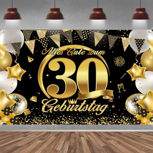 30. Geburtstag Banner Frauen Männer Deko Schwarz Gold 30 Geburtstag Hintergrund Banner, Extra Große Stoff Schild Poster für 30. Geburtstagsparty Deko, 210x150 cm