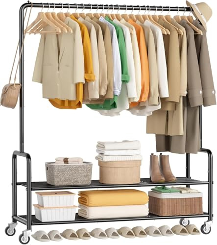 MISSLO Heavy Duty Clothes Rail Rack with Shelves 46.5 Large Rolling Clothing Rail for Bedroom Hanging Rail for Clothes, Garment, Coat, Black