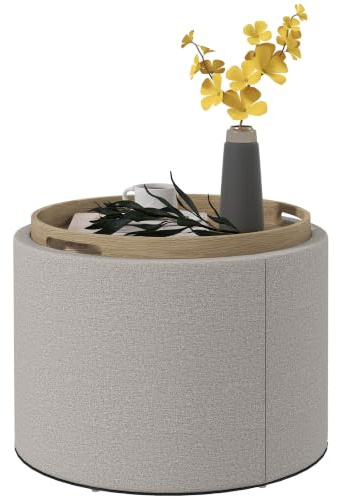 HOMCOM Sitzhocker mit Stauraum, Polsterhocker, 56x56x42 cm, Hellgrau | Klappdeckel Couchtisch, Leinenoptik, Wohnzimmer, Schlafzimmer