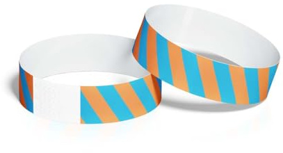 ID&C Tyvek Paper Event Wristbands – Numbered Tamper Proof Security Wristbands for Events, Festivals & Admission (Neon Blue and Neon Orange Stripe, 100 Pack)