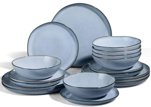 Joyfair 18 Pieces Stoneware Dinner Set Service for 6, Lakeside Mist Blue | Reactive Glaze & Irregular Shape, Chip & Scratch Resistant, Plates & Bowls Dinnerware Set, Oven & Microwave & Dishwasher Safe