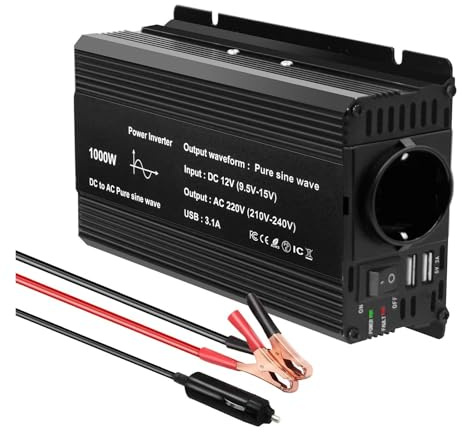 Inverter Convertitore Convertitore Adattatore Inverter Per Auto A Onda Sinusoidale Pura 1000 W 1500 W 2200 W 2600 W CC 12 V A CA 220 V Con Doppia USB 3,1 A UE/universale(1000W 50Hz EU)