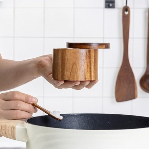 URPIZY Acacia, saliera in legno, contenitore per spezie, con coperchio girevole e scomparto per cucchiai, organizer per cucina, marrone