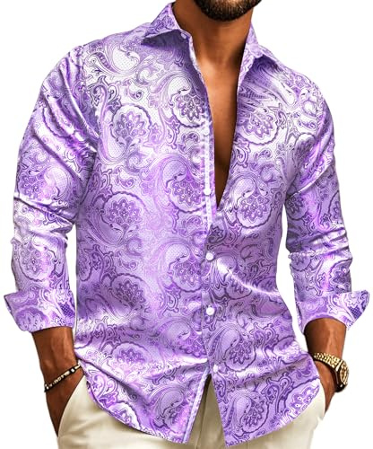 Barry.Wang Mens Dress Shirts Silk Luxury Paisley Big and Tall Long Sleeve Shirt Business Wedding Party Red Black S-3XL