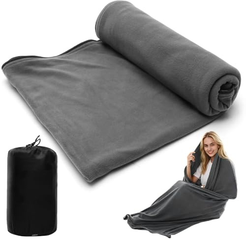 Umllpet Anti-Pilling Fleece Schlafsack 180x82cm 700g inkl. Tasche, waschbare Warmdecke für Camping Auto Flug Wohnzimmer Grau