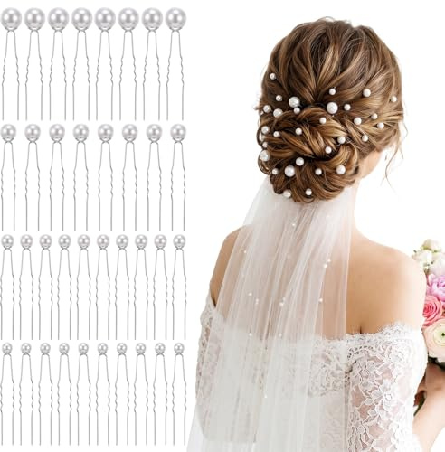36 Pcs Wedding Pearl Hair Pins 4 Sizes Pearl Bobby Pins White Bobby Clips for Brides Style U-Shaped Hair Accessories for Brides Bridesmaid Women Gifts Silver