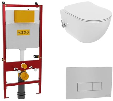 VIBA Dusch-WC & Hänge-WC Komplettset | mit Bidet + Armatur Kaltwasser | spülrandlos mit MEGA Unterputz-Spülkasten | Taharet-WC wählbar, 3/6-L-Zwei-Mengen-Spülung, Weiße Keramik, mit Bidet + Armatur