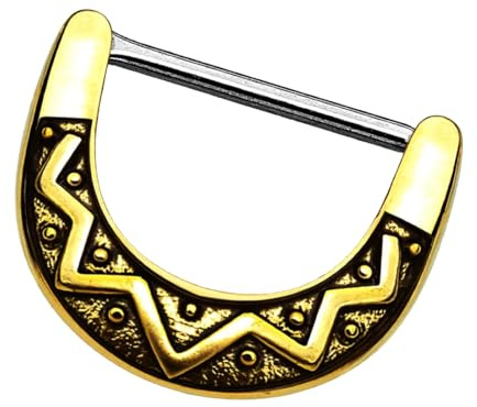 Piersando Brustwarzen Piercing Intimpiercing Nippelpiercing Brust Nippel Intim Brustwarzenpiercing Barbell Stab mit Clicker Tribal Schild Gold 1,6mm