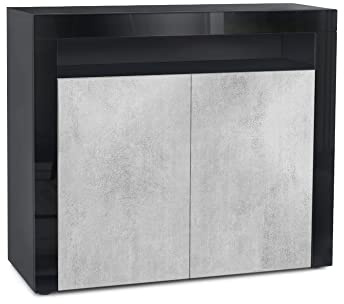 Vladon Kommode Valencia, Made in Germany, Sideboard mit 2 Türen und 1 offenem Fach, Schwarz matt/Beton Oxid Optik/Schwarz Hochglanz (108 x 92 x 40 cm)