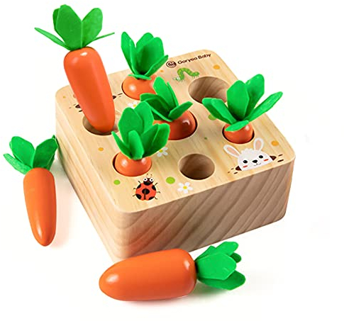 Holzspielzeug ab 1 Jahr | Baby Motorik Spielzeug für 12 Monate Jungen und Mädchen | Montessori Sortierspiel Holzpuzzle Karottenernte | Lernspielzeug für Kinder als Geburtztag Geschenk (Karroten)