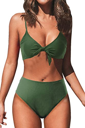 JFAN Donna Costumi da Bagno Sexy Vita Alta Imbottito Reggiseno Bikini Cinturino Pettorale Due Pezzi Swimwear Abiti da Spiaggia Floreale(Verde,S)