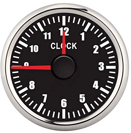 EVGATSAUTO Reloj para Automóvil, Medidor de Horas Universal 0-12 de 2 Pulgadas, Panel de Instrumentos, Indicador, Retroiluminación Roja, 12 V/24 V (Marco Plateado sobre Negro)