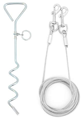 ShawFly Solid Dog Stake and Tie Out Cable (3m, 5m, 10m) Premium Steel Spiral Dog Tie, with 16 Inch spiral ground stake, for Outdoor Yard and Camping Puppy pet and Medium Dogs (3m)