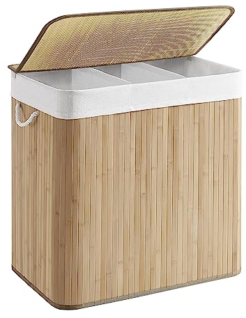 SONGMICS LCB091N01 Laundry Basket, 150 L Laundry Basket, 3 Compartments Sorting Compartments, Bamboo Lid, Handles, Foldable, Removable Machine Washable Bag, for Laundry Room, Bedroom, Wood Colour