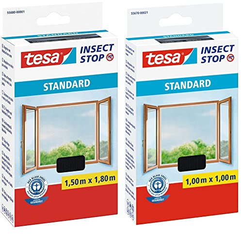tesa Insect Stop STANDARD Fliegengitter für Fenster - Insektenschutz zuschneidbar - 150 cm x 180 cm & Insect Stop STANDARD Fliegengitter für Fenster - 1 x Fliegen Netz anthrazit - 100 cm x 100 cm
