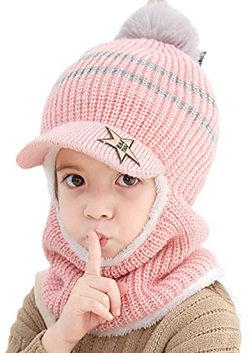 JFAN Småbarnshatt barn mössa hatt med pompom pojkar flickor vintermössa fodrad öronlapp halsvärmare halsduk set, Rosa, one size