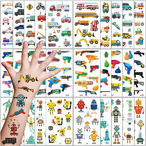 Tattoo Kinder, 30 Blätter Pistole Fahrzeug Roboter Temporäre Tattoos Set, Junge Mädchen Waschbare Cartoon Aufkleber, Kindergeburtstag Geschenktüten Mitgebsel Party Spielen Geschenk