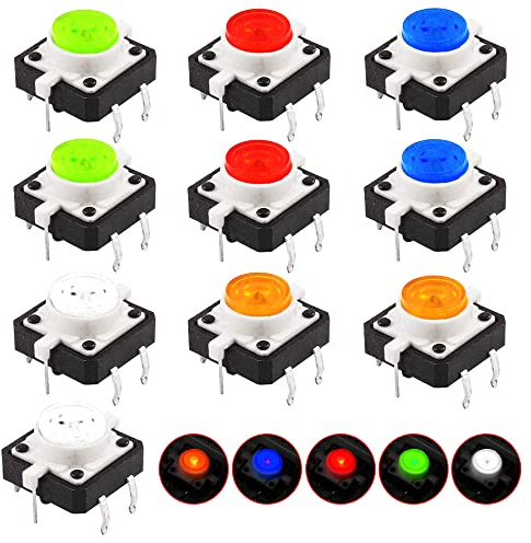 HUAZIZ 10Pcs 6Pin Mini Micro Interruptor de Botón Táctil LED Momentáneo para Placas de Pruebas, Mini Pulsador Táctil (12 * 12 * 7 mm)