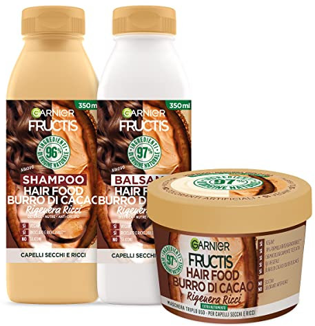 Garnier Fructis Hair Food Beurre de Cacao Shampoing 350ml + Après-Shampoing 350ml + Masque Triple Usage 390ml pour Cheveux Secs et Bouclés 98% d'Ingrédients d'Origine Naturelle - Lot de 3