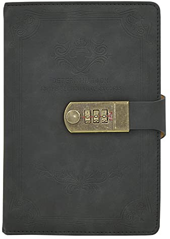 Auvier Diary with Lock, PU Leather Password Lock Notebook, Lockable Journal for Adults with Combination Lock, A5 Writing Notebook Secret Notepad for Office Women Men, Black