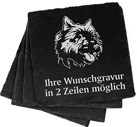 4X Cairn Terrier Deko Schiefer Untersetzer Wunschgravur Set - 11 x 11 cm Flaschenuntersetzer Glasuntersetzer Tassenuntersetzer