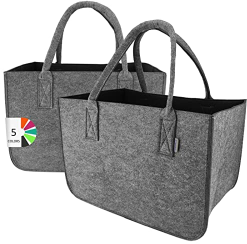IDEA HOME Filztasche 2 Stücke Shopper Groß-30 Liter Einkaufstasche XXL Zusammenklappbar Einkaufskorb Kaminholztasche Kleiderkorb Spielzeugtasche Dunkelgrau/Schwarz, XL