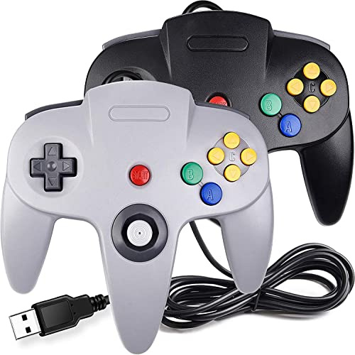 2 Pack USB Wired N64 Controller, miadore Classic N64 PC Gamepad Joystick Controller for Windows PC MAC Linux Raspberry Pi 3 (Black/Gray)