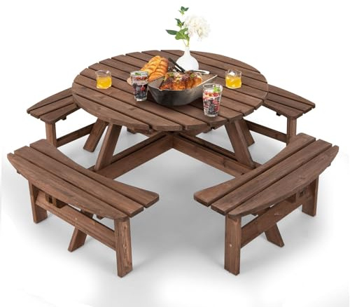 GIANTEX Set di Tavolo e Panche Da Esterno Rontondo in Legno, Set di Mobili da Giardino per 8 Persone con Foro per Ombrellone, Resistente alle Intemperie, 178x178x70 cm