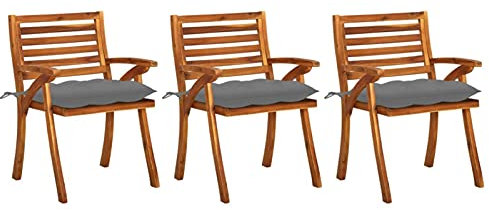 Homgoday Esszimmerstühle für den Garten mit Kissen, 3 Stück, massives Akazienholz, Stühle für den Außenbereich, Esszimmerstühle für Garten, Gartenmöbel, Outdoor-Möbel für Garten, Terrasse, Grau