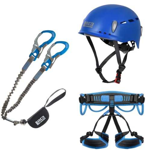LACD Klettersteigset Ultimate Ferrata S mit mit Swivel (Drehwirbel) + Helm Protector 2.0 blue + Klettergurt Start 2.0 (Größe L (Taille 87 – 130 cm, Bein 60 – 84 cm))