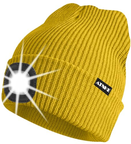ATNKE Unisex LED Mütze mit Licht,Wiederaufladbare USB 4 LED Beleuchtete Laufmütze Extrem Heller Lampe Winter Warme Stricken Mütze für Herren und Damen Geschenke