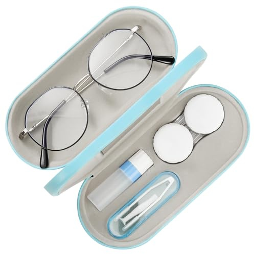 MoKo Estuche de Gafas de Doble Cara, 2 en 1 Caja Portátil de Lente de Contacto, Funda de Anteojos de PU Impermeable Ideal para Almacenar Gafas del Sol, Gafas, Lentes de Contacto, Azul Claro