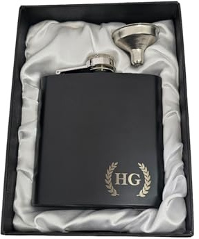 Personalised Hip Flask with Your Initials and Satin Lined Gift Box, Engraved Stainless Steel 6oz Alcohol Drink Flask