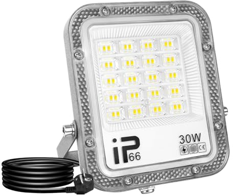 RIGIDON 30W Foco Led Exterior, 3000LM Foco Proyector Led con Enchufe | 6000K Blanco Frío, IP66 Impermeable, Iluminación de Seguridad, Reflector Floodlight para Jardín Patio Garaje Hof Terraza