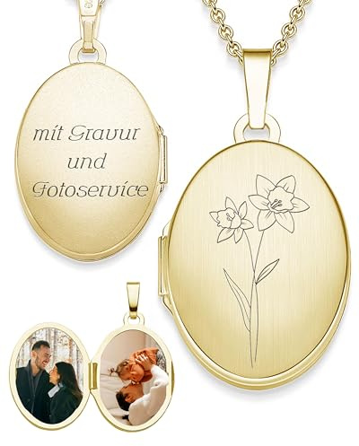 Amoonìc Damen Medaillon mit Geburtsblume oval Silber 925 / Gold vergoldet | Kette zum Öffnen für Bilder personalisiert mit Geburtsblumen Gravur, Geschenk Geburtstag