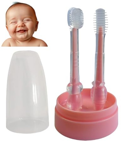 FOREVIVE Baby Tooth Brush, Infant Toothbrush 6 to 12 Months and0-6 Months,Silicone Toothbrush, Newborn Tongue and Mouth Cleaner Set, Good Idea for Baby First Toothbrushes(Pink)