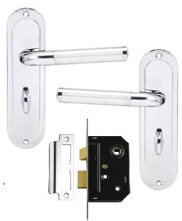 Madrid Polished Chrome & Satin Nickel Victorian Scroll Bathroom Door Handle Set with Lock - 64mm