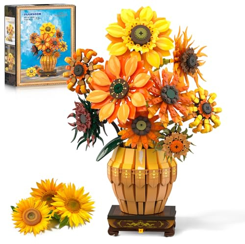PLAXSOON Sonnenblumen Klemmbausteine mit Licht Vase für Erwachsene Mädchen | Botanische Blumen-Kollektion, 1180 Teile, kreativer Blumenstrauß, Wohn-Deko, Geschenk für Frauen & Mädchen ab 12 Jahren