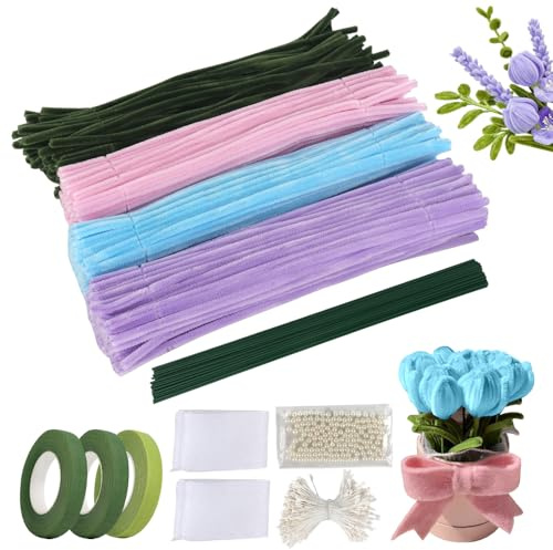 Lotvic Limpiapipas Manualidades, Limpia Pipas para Manualidades, Tallos de Chenilla, Manualidades Tallos de Chenilla, con Cinta Adhesiva, Alambre Floral, Cinta, Cintas, Cuentas, Soporte, Tulipán DIY