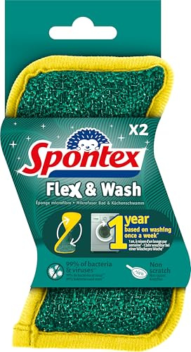 Spontex Flex & Wash Wiederverwendbare Schwämme, doppelseitiger Mikrofaserschwamm zum Abwischen und Schrubben, Reinigungsprodukte für Küche, Bad und Haushalt, 2 Stück