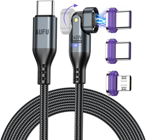AUFU 240W Magnet Ladekabel USB C 1.8M, 16PIN Flaches Magnetisches Ladekabel USB C 2 in 1 Magnetladekabel 48V/5A Schnelles Laden und Datenübertragung mit Typ C/Micro für Phone 15/Samsung S22/MaBook